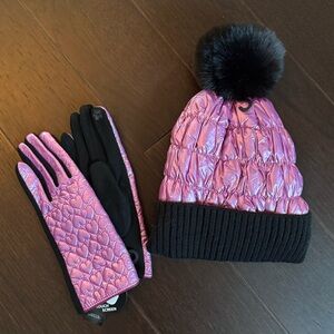 Metallic Pink and Black Winter Hat and Gloves Set
